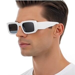 Square Sunglasses White Frame Black Lens Gold 100% UV Protection Street Wear New